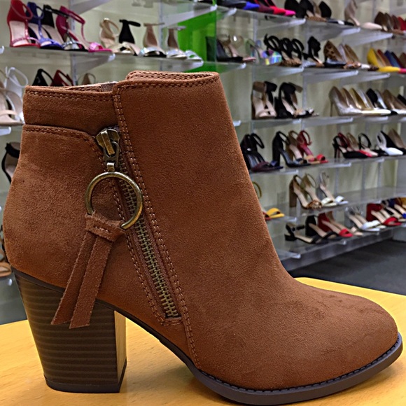 Soda Zipper Pull Cognac Suede Heel Ankle Bootie 6 - Picture 4 of 8